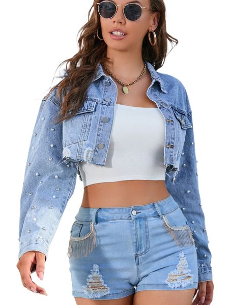 

pearl beaded detail drop shoulder ripped denim jacket v1il#, Black;brown