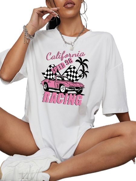 

car and letter graphic drop shoulder oversized tee l6s1#, White