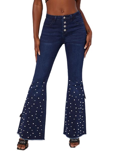 

high waisted dark wash pearl embellished flared leg jeans n6xb#, Blue