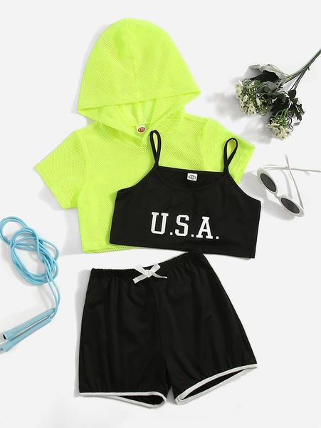 

girls' lettered suspender and hooded t-shirt and contrast piping shorts she, White