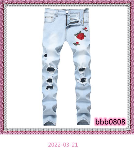 

rose embroidery jeans fashion blue black ripped male tide slim pants