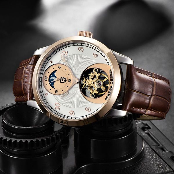 

pagani design bogani sun moon star tour-billon hollow bottom cover men's mechanical watch pd-1650, Slivery;brown