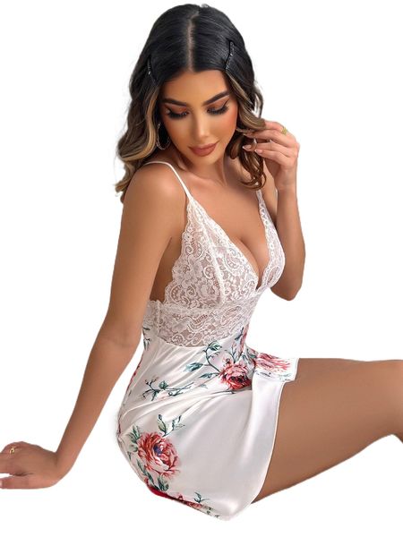 

floral print contrast lace satin slips f8yg#, Black;red