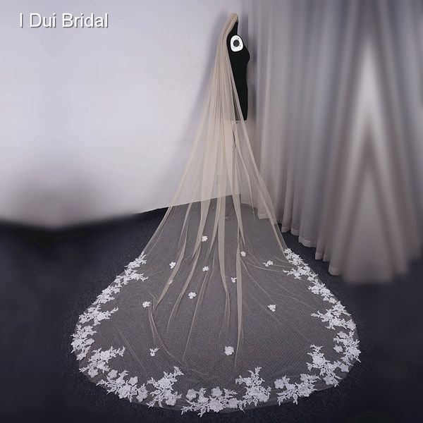 

champagne dot tulle wedding bridal veil one layer with 3d flowers 3 meter crystals lace bride hair accessory, Black