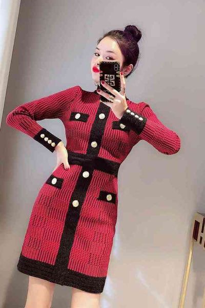 

casual dresses single women's o-neck breasted long sleeve houndstooth grid knitted pencil dress bodycon slim waist smlxl aygo, Black;gray
