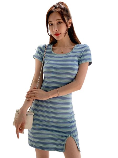 

dazy striped scoop neck split hem dress f9cx#, Black;gray