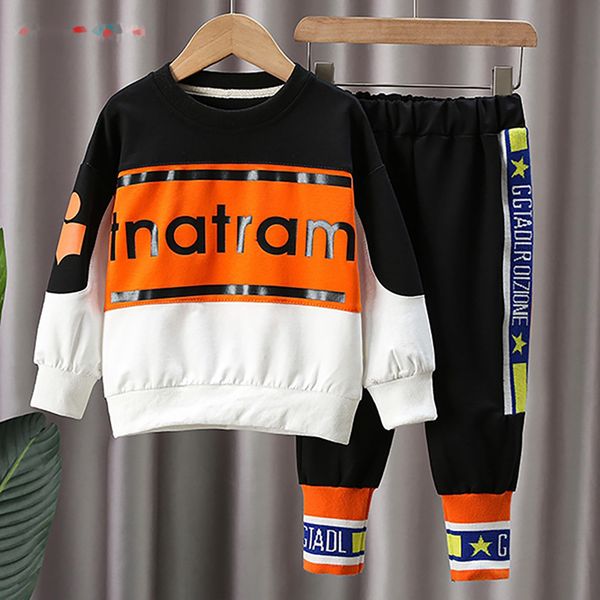 

boys autumn baby new spring girls clothes color matching striped letter long sleeve t-shirt +pants leisure jogging set, White