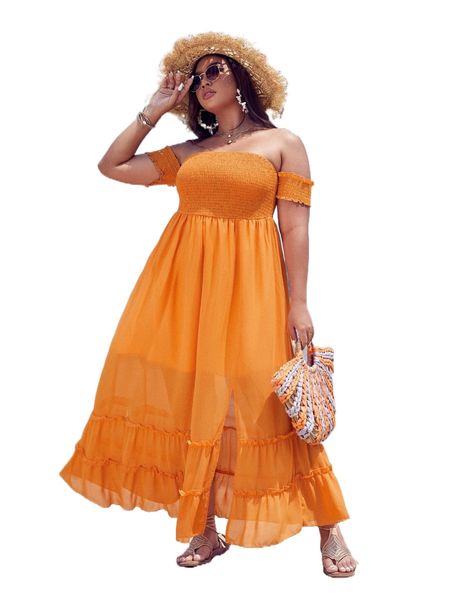 

plus off shoulder shirred backless frill trim dress y0s2#, Black