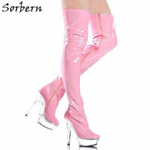 Sorbern Sexy Bdsm Overknee-Damen-Oberschenkelstiefel, transparenter Kunststoff, hohe Absätze, PVC-Stiefel, Damen-High-Heels, Nachtclub-Stiefel, lang