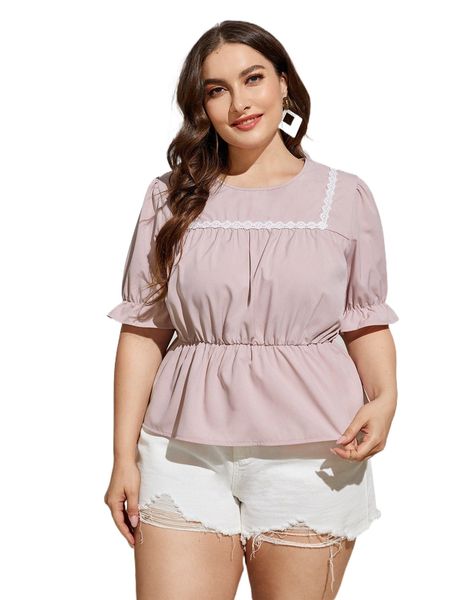 

plus guipure lace flounce sleeve peplum blouse e0mt#, Black