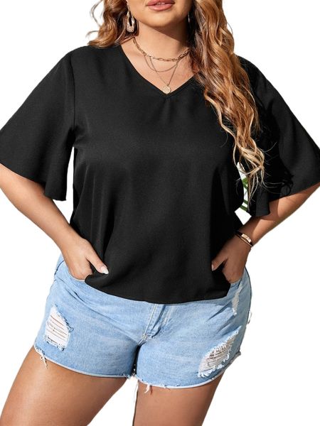 

plus butterfly sleeve v-neck blouse j8yk#, Black