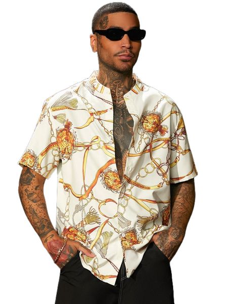 

men chain print button front shirt 45fm#, White;black