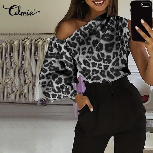 2020 Celmia Moda Feminina Blusa Estampa Leopardo Casual Ombro Frio Túnica Tops Manga Comprida Camisa Casual Solta Blusas Elegante 5XL T200801