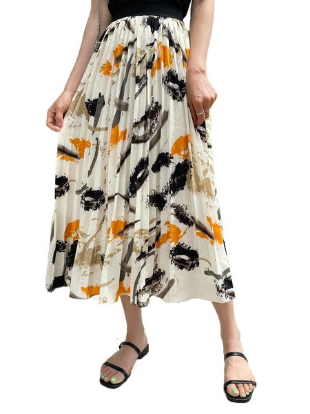 

dazy graphic print high waist pleated skirt z5as#, Black