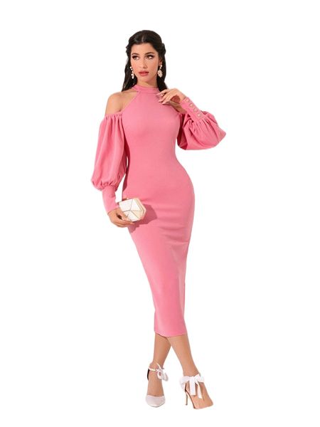 

modely solid cold shoulder bishop sleeve split back bodycon dress d61u#, Black;gray