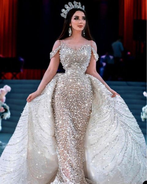 

luxurious mermaid wedding dresses spaghetti straps pearls beaded sequins off shoulder sleeveless detachable train luxurious lace beaded swee, White