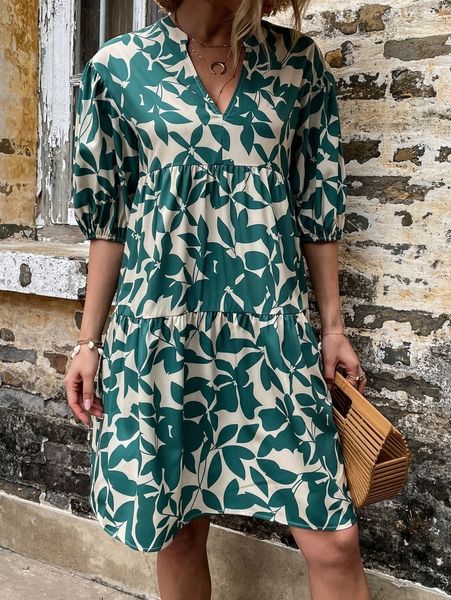 

allover plants print puff sleeve smock dress g978#, Black;gray