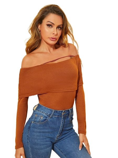 

ribbed knit solid off shoulder c9lg#, White
