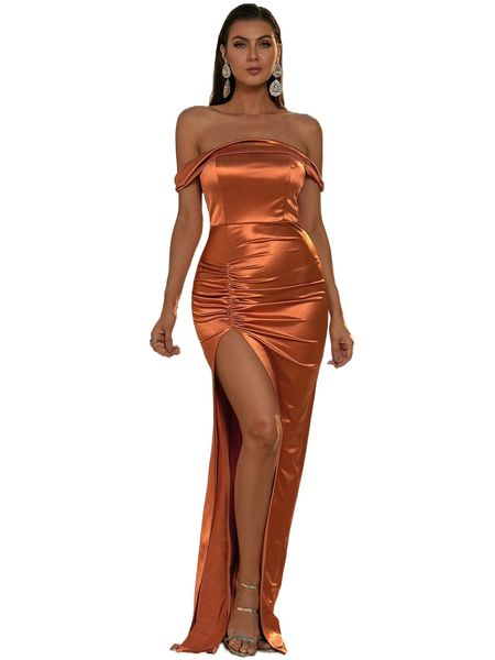 

missord off shoulder ruched split thigh satin dress l0ld#, Black;gray