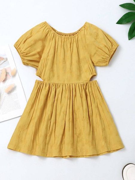 

toddler girls puff sleeve cut out waist dress she, Red;yellow