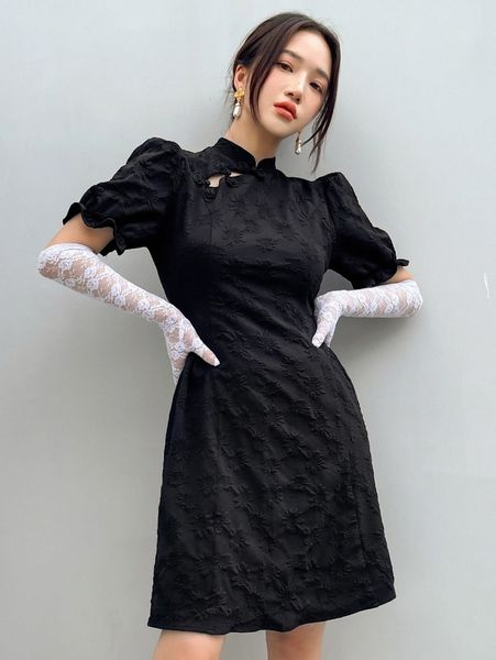 

dazy frog button puff sleeve dress without gloves j6qp#, Black;gray