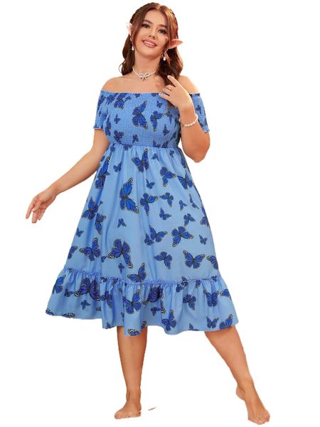 

plus butterfly print off shoulder shirred ruffle hem dress y3vu#, Black