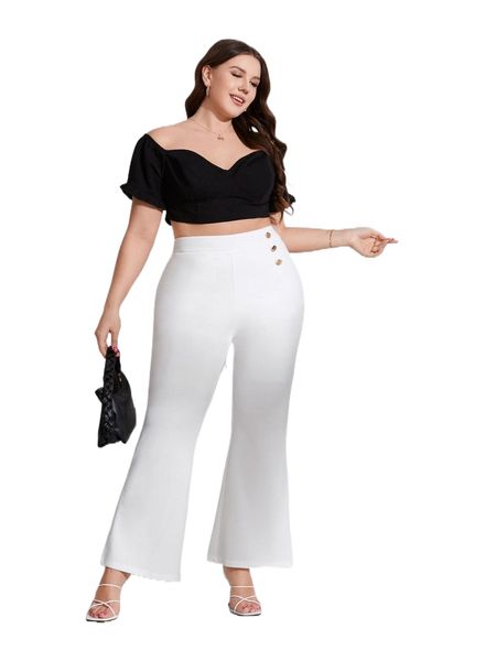 

plus button detail flare leg pants p1cl#, Black