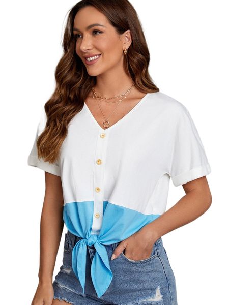 

two tone batwing sleeve knot hem tee o1bi#, White