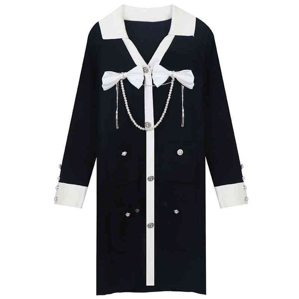 

casual dresses french a-line skirt autumn and winter bow celebrity versatile small fragrance medium length knitted dress women's wear i, Black;gray
