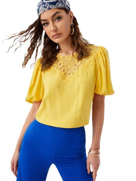 

contrast guipure lace puff sleeve blouse v26a#, White