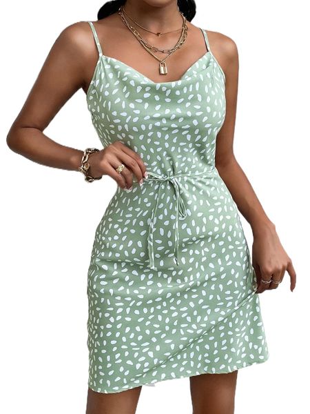 

allover print draped collar belted cami dress u22c#, Black;gray