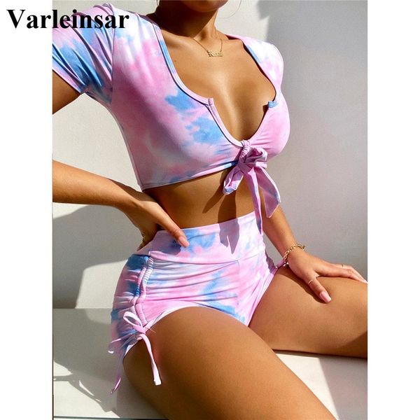 

short sleeve v neck high waist bikini female swimsuit women swimwear two-pieces bikini set bather bathing suit swim lady v2609, White;black