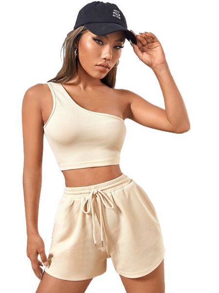 

petite ribbed knit one shoulder crop & drawstring waist shorts 61q8#, White