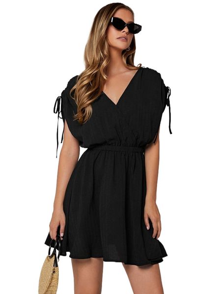 

drawstring dolman sleeve overlap collar backless dress b3ra#, Black;gray