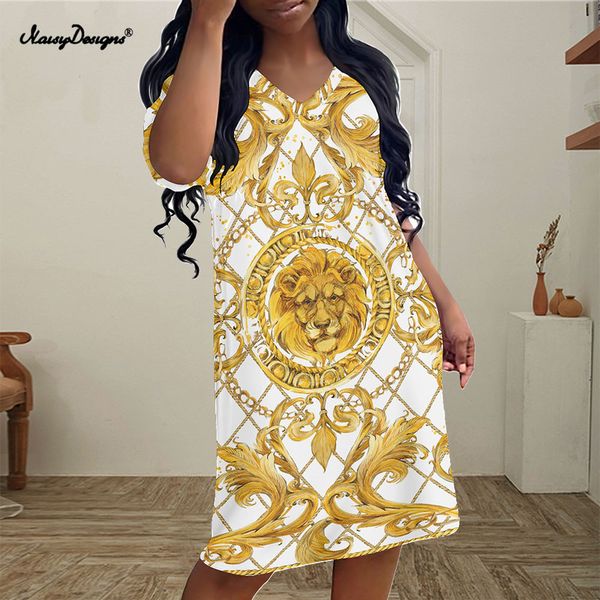 

noisydesigns golden floral women short sleeve dress v neck summer party vintage ladies luxury prints vestido feminino dropship 220627, Black;gray