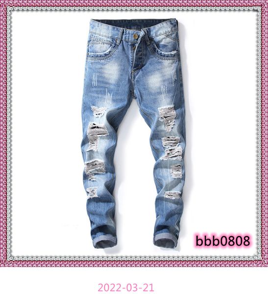 

european american style fashion brand mens blue hole jeans luxury men slim denim trousers pencil pants blue for