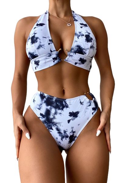 

tie dye ring linked halter bikini swimsuit w3ia#, White;black