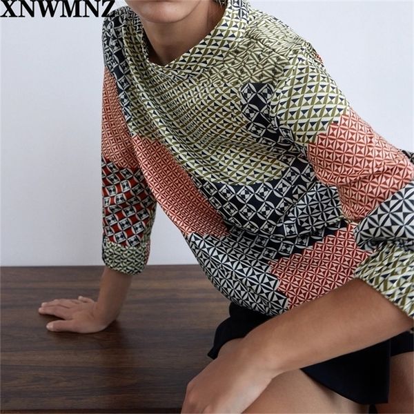 

xnwmnz za women printed patchwork print high neck long sleeve loose new fashion lady casual ladies 210311, White