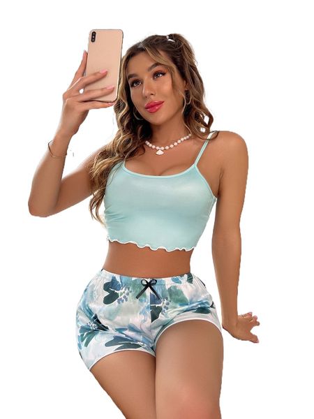 

lettuce trim crop cami & graphic print bow shorts pj set y4mv#, Black;red