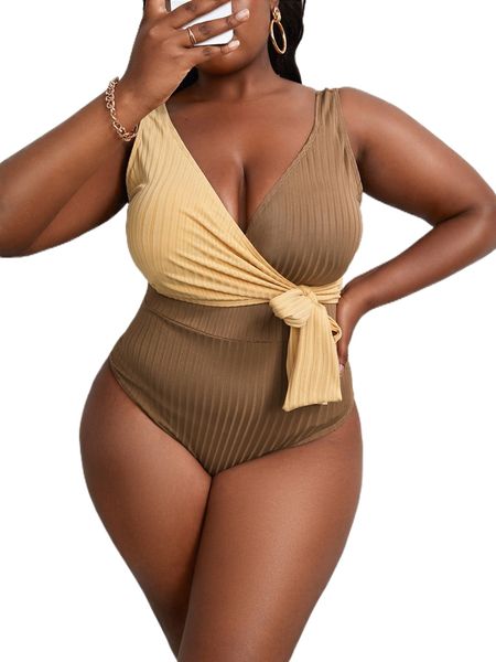 

plus two tone knot front one piece swimsuit r2kh#, White;black