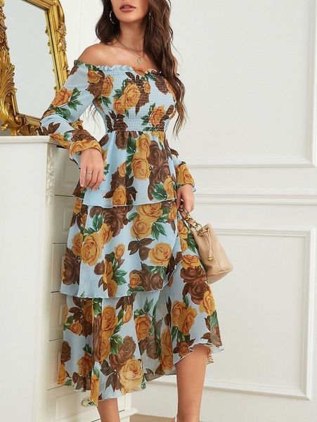 

floral bardot shirred layered dress b78a#, Black;gray