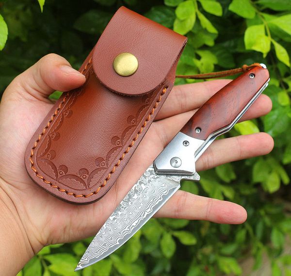 Damasco Flipper Pocket Knife VG10 Damascuss Steel Blade Rosewood   Aço Mança de Cabeça Roldição de Bola Ferramentas de Facas EDC com bainha de couro