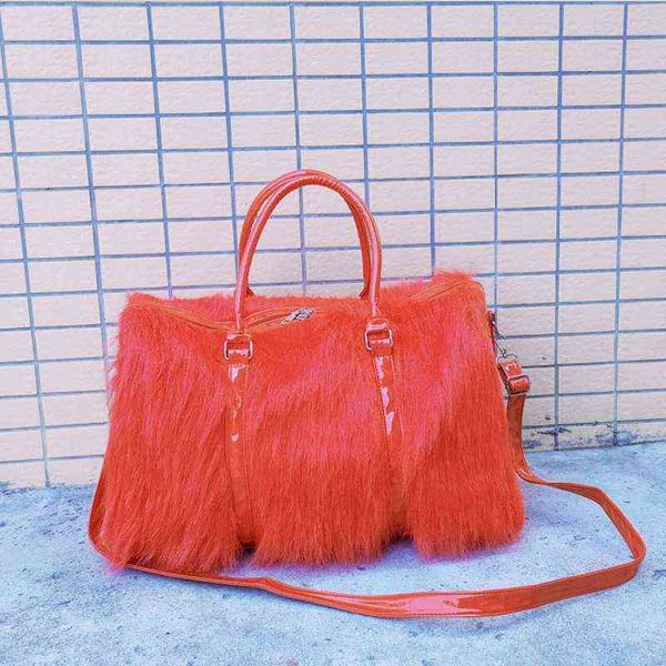 

furry travel bags pink laser colorful tote weekender for girls fashion women duffle velvet fur vacation 220602