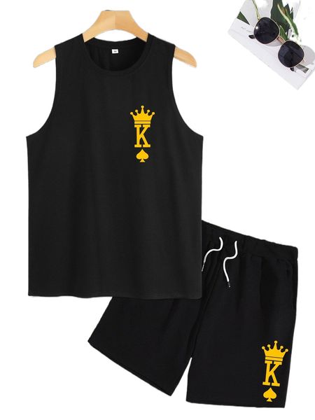 

men playing card print tank & drawstring waist shorts k7s6#, Gray