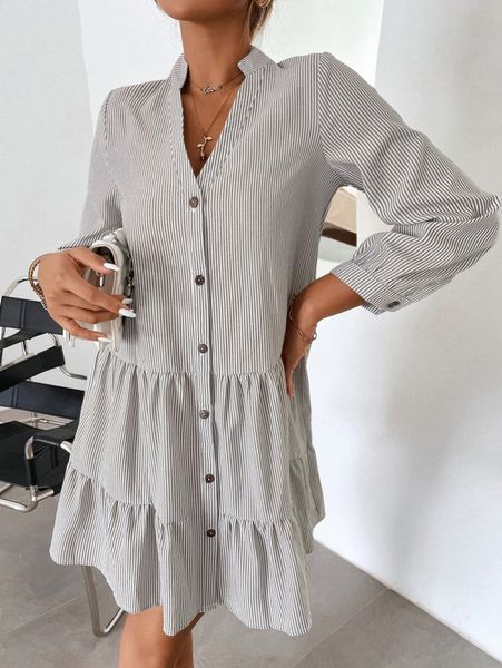 

stripe button front ruffle hem smock dress t8vf#, Black;gray