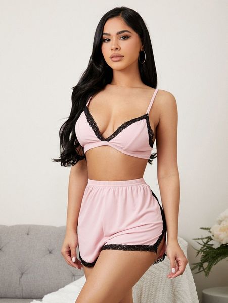 

contrast lace trim cami & shorts pj set k7d6#, Black;red