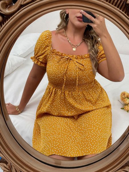 

plus shirred bodice frill trim polka dot dress n0og#, Black