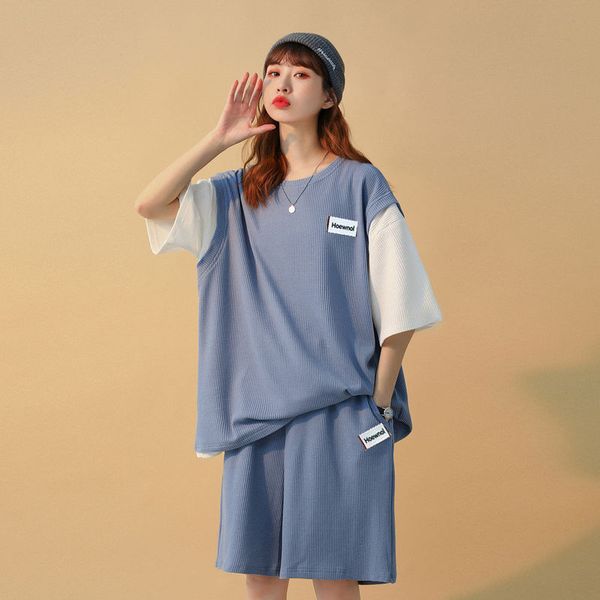 

summer false two matching sets for women short sleeve casual clothing suit fashion female solid straight sportswear outfits, White