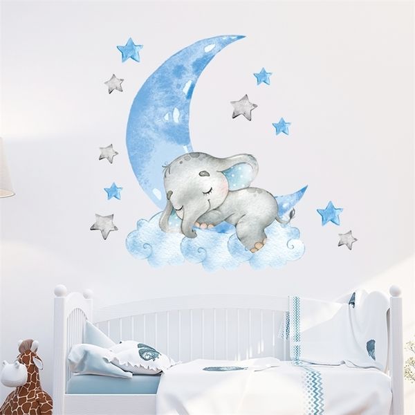 Baby menino elefante dormindo adesivos de parede da lua para crianças quarto bebê berçário decoração de decalques de parede decoração de casa cartoon animal 220727