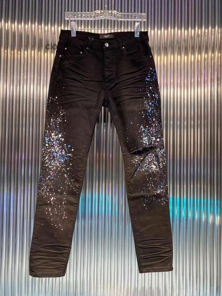 

designer jeans amirss men jean pants fashion brand wash black do old hole splash ink spray paint slim fit jeans men's high street, Blue